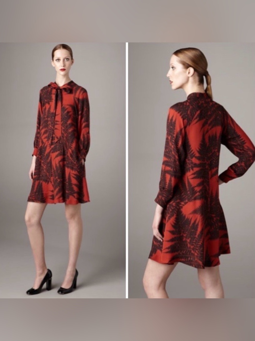 Stella McCartney Dorothy red black fern print tie neck silk dress size EU 36